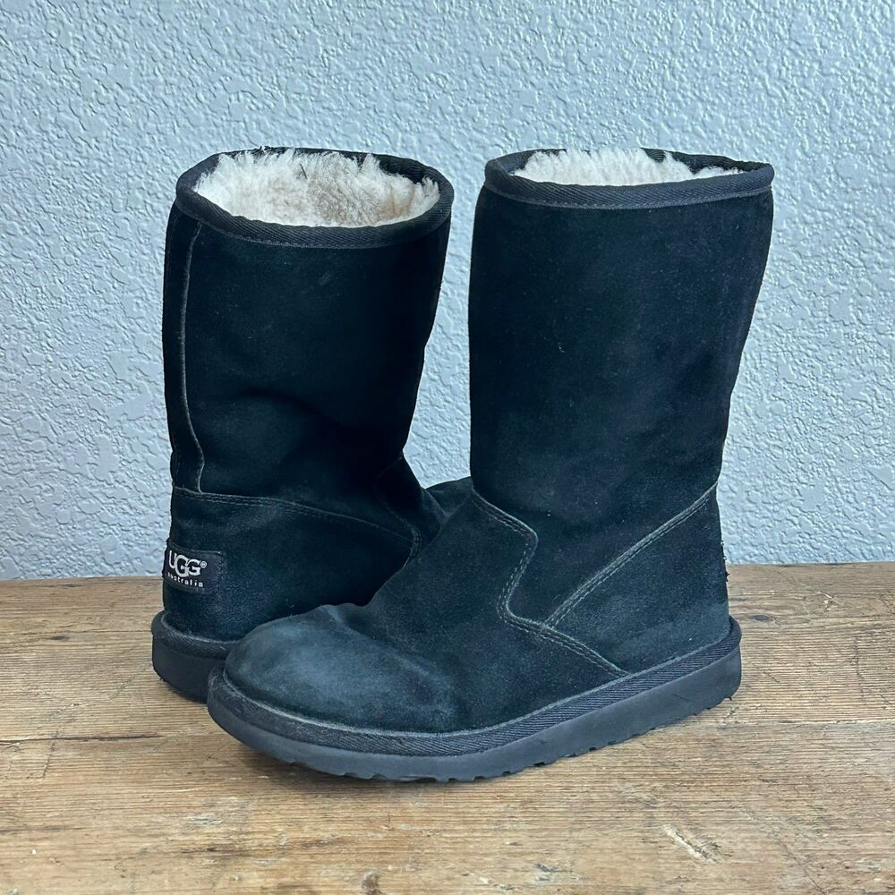 UGG Australia Boots Lil Sunshine II Kids Girls Sz 2 Fur Lined Black Suede Zip Up